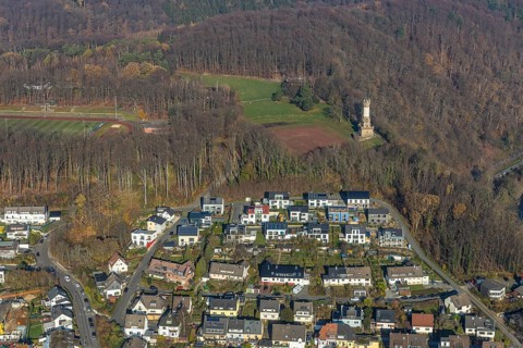 Aerial view, new housing estate Am alten Stamm - Sunderweg, Harkortturm, football pitch
