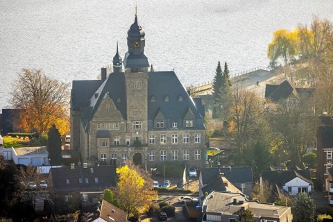 Aerial view, city administration Wetter (Ruhr), town hall, heritage-protected secular building,