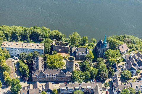 Aerial view, Wetter Castle, Evangelical-Ref. parish Wetter-Freiheit, shore Harkortsee, Alt-Wetter,