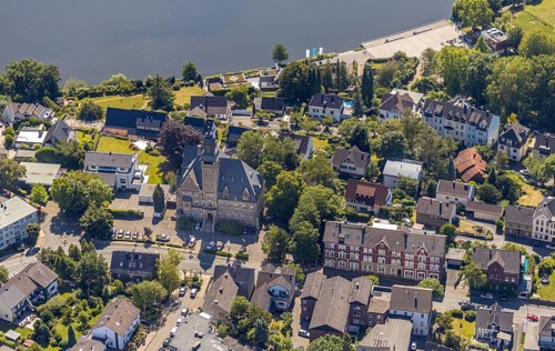 Aerial view, Wetter city council, Wetter-Herdecke ferry landing stage, Harkort-See shore,