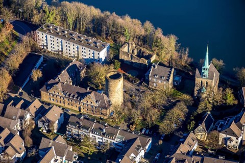 Aerial view, Wetter Castle, Wetter-Freiheit Protestant Church, Alt-Wetter, Wetter, Ruhr area, North