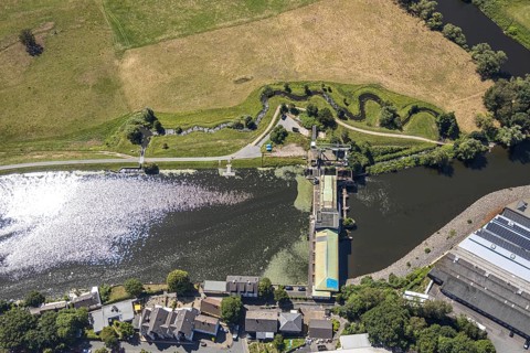 Aerial view, Obergraben, Karftwerk Harkort, hydroelectric power station, Alt-Wetter, Wetter, Ruhr