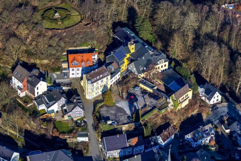 Aerial view, castle ruins of Volmarstein Castle, Volmarstein Castle Hotel, Volmarstein, Wetter,