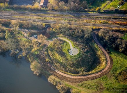 Aerial view, Elsche estuary viewpoint, Elbsche, Ruhr, Ruhr valley, railway line, Bommern, Witten,