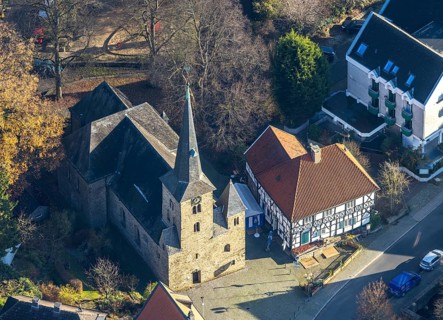 Aerial view, Protestant village church Wengern, traditional restaurant Leimkasten, Wengern, Wetter,