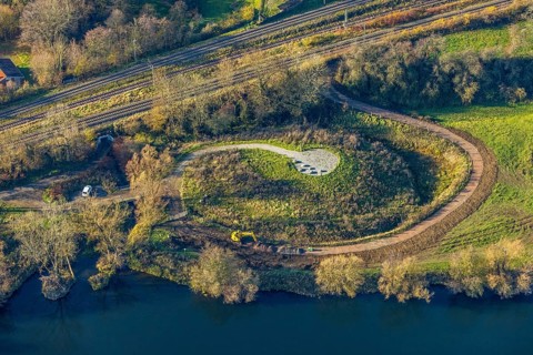 Aerial view, Elsche estuary viewpoint, Elbsche, Ruhr, Ruhr valley, railway line, Bommern, Witten,