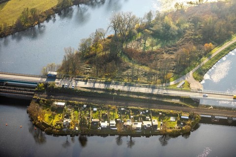 Aerial view, Obergraben, Obergrabenbrücke, Friedrichstraße, railway bridge, allotment garden site