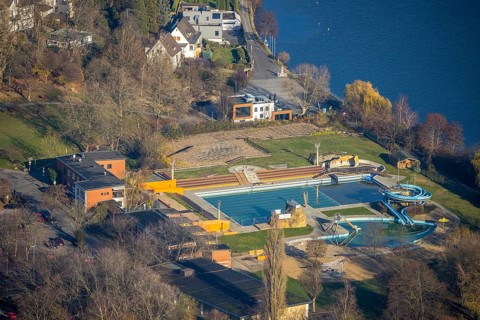 Aerial view, nature outdoor swimming pool Wetter, Harkortsee, Wetter, Ruhr area, North