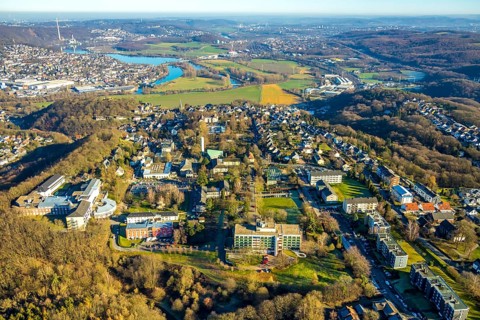 Aerial view, overview Volmarstein, forest area, Volmarstein clinics, view of Wetter with Lake
