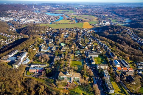 Aerial view, overview Volmarstein, forest area, Volmarstein clinics, view of Wetter with Lake
