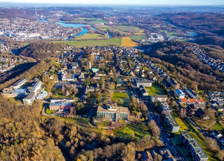 Aerial view, overview Volmarstein, forest area, Volmarstein clinics, view of Wetter with Lake