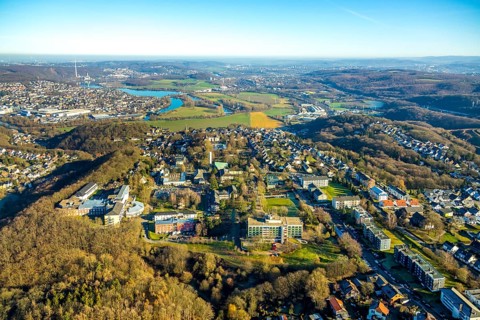 Aerial view, overview Volmarstein, clinics Volmarstein, view of Wetter with Harkortsee, forest