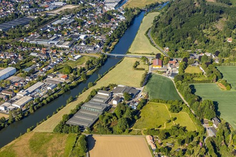 Aerial view, Ruhr river, Ruhr bridge Mendener Straße, Wickede (Ruhr), North Rhine-Westphalia,