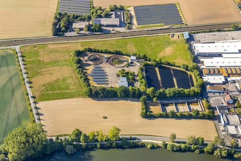 Aerial view, Ruhrverband sewage treatment plant Wickede, Wickede (Ruhr), North Rhine-Westphalia,