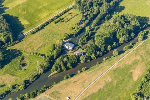 Aerial photograph, Warmen Obergraben run-of-river power station, Ruhr river, Wickede (Ruhr), North