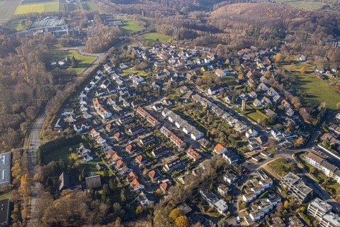 Aerial view, Volmarstein with historic water tower on Von-Der-Recke-Straße, Grundschöttel, Wetter,