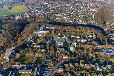 Aerial view, Overview Volmarstein, Protestant Church Martinskirche, Orthopaedic Clinic of the