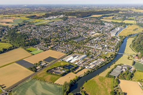 Aerial view, view of town, river Ruhr, Wickeder Profile rolling mill, Ruhrverband sewage treatment