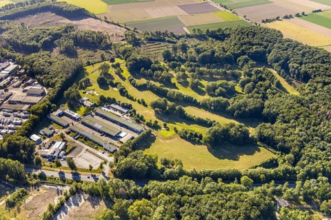 Aerial photo, TÜV NORD test centre Wickede Werl, Relax power plant, golf course Golfclub-Werl,