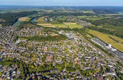 Aerial view, view of town, Ruhr river, Wasserwerke Westfalen GmbH, Wasserwerke Westfalen GmbH,