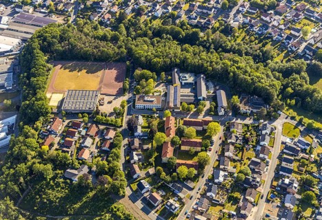 Aerial view, Gerken sports hall and sports field, Wickede secondary school, Wickede (Ruhr), North
