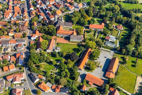 Aerial view, Willebadessen Monastery, St Vitus Parish Church, Castle Park, Willebadessen, OWL, East