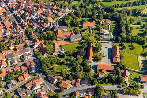 Aerial view, Willebadessen Monastery, St Vitus Parish Church, Castle Park, Willebadessen, OWL, East