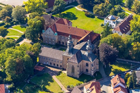 Aerial view, Willebadessen Monastery, St Vitus Parish Church, Castle Park, Willebadessen, OWL, East