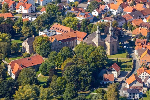 Aerial view, Willebadessen Monastery, St Vitus Parish Church, Castle Park, Willebadessen, OWL, East