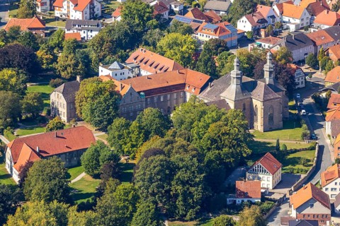 Aerial view, Willebadessen Monastery, St Vitus Parish Church, Castle Park, Willebadessen, OWL, East