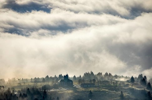 Aerial view, clouds over the Kahler Asten, Astenturm and hotel-restaurant, second highest mountain