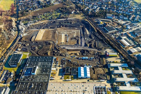 Aerial view, construction site of new Amazon logistics centre, Euziel logistics company, industrial
