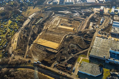 Aerial view, construction site of new Amazon logistics centre, Euziel logistics company, industrial