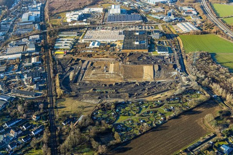 Aerial view, construction site of new Amazon logistics centre, Euziel logistics company, industrial