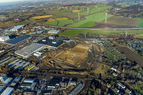 Aerial view, construction site of new Amazon logistics centre, Euziel logistics company, industrial