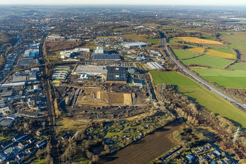 Aerial view, construction site of new Amazon logistics centre, Euziel logistics company, industrial