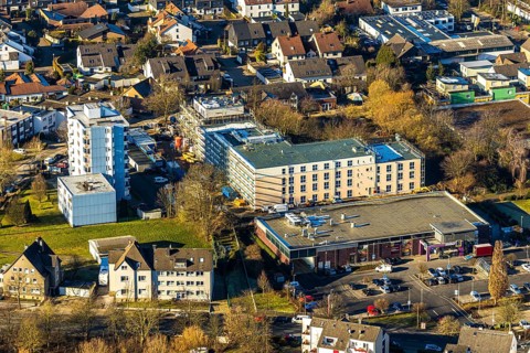 Aerial view, construction site of new Helfkamp retirement home, Edeka branch Witten, Stockum,