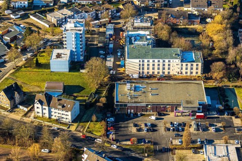 Aerial view, construction site of new Helfkamp retirement home, Edeka branch Witten, Stockum,