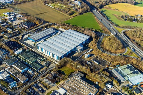 Aerial view, Hermes distribution centre Witten, Euziel logistics centre, industrial estate on