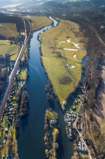 Aerial view, Steger campsite, Ruhr river, Ruhr island, Ruhrauen nature reserve, Bommern, Witten,