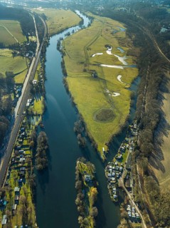 Aerial view, Steger campsite, Ruhr river, Ruhr island, Ruhrauen nature reserve, Bommern, Witten,