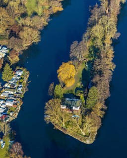 Aerial view, Steger campsite, Ruhr river, Ruhr island, Bommern, Witten, Ennepe-Ruhr district, Ruhr