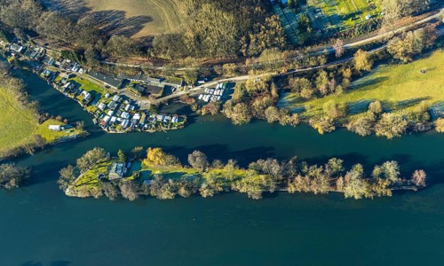Aerial view, Steger campsite, Ruhr river, Ruhr island, Bommern, Witten, Ennepe-Ruhr district, Ruhr