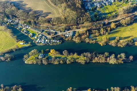 Aerial view, Steger campsite, Ruhr river, Ruhr island, Bommern, Witten, Ennepe-Ruhr district, Ruhr