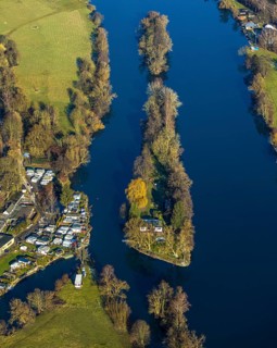 Aerial view, Steger campsite, Ruhr river, Ruhr island, Bommern, Witten, Ennepe-Ruhr district, Ruhr