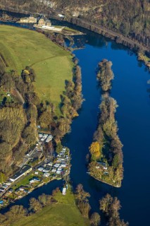 Aerial view, Steger campsite, Ruhr river, Ruhr island, Hohenstein hydroelectric power station,