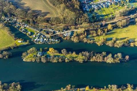 Aerial view, Steger campsite, Ruhr river, Ruhr island, Bommern, Witten, Ennepe-Ruhr district, Ruhr