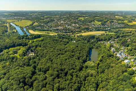 Aerial view, excursion destination Hohenstein, river Ruhr, Hammerteich, view to Bommern, Witten,
