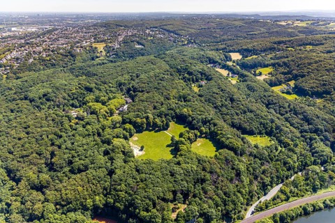 Aerial view, excursion destination Hohenstein, Hotel Haus Hohenstein, mountain monument, river