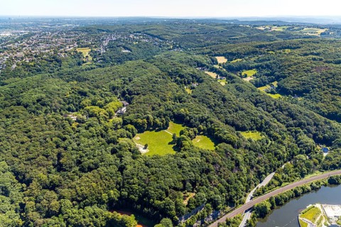 Aerial view, excursion destination Hohenstein, Hotel Haus Hohenstein, mountain monument, river
